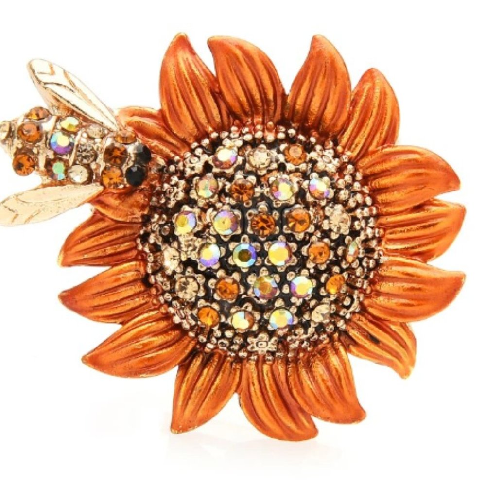 Rhinestone Bee And Sunflower 3-color Enamel Flower Brooch(Orange)